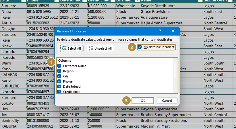 The Remove Duplicates dialog listing the table's columns with tick boxes, and My data has headers ticked.