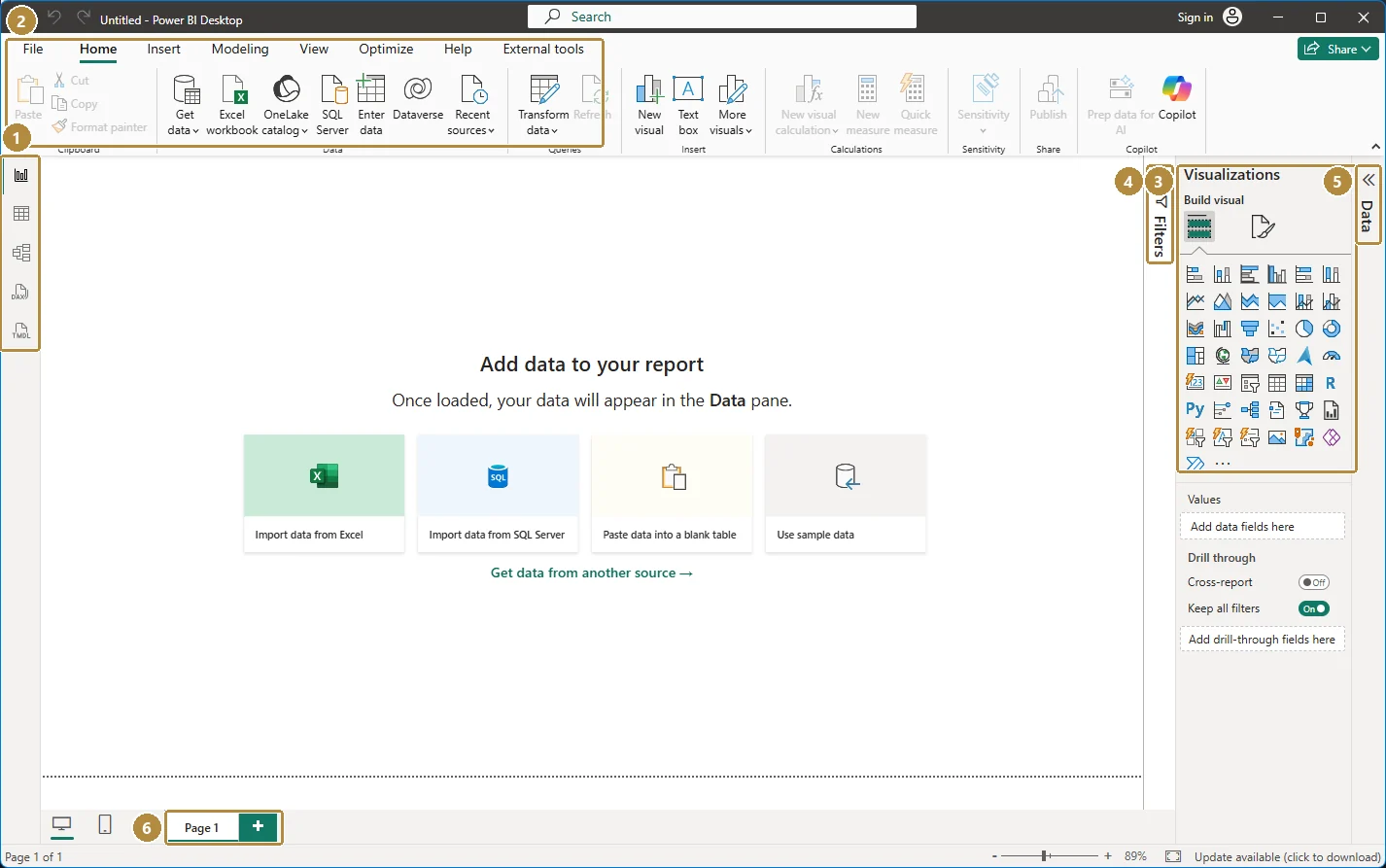 Power BI Desktop in Report view with an empty report, showing the view icons on the left, the ribbon, the Visualizations, Filters and Data panes, and the page tabs.