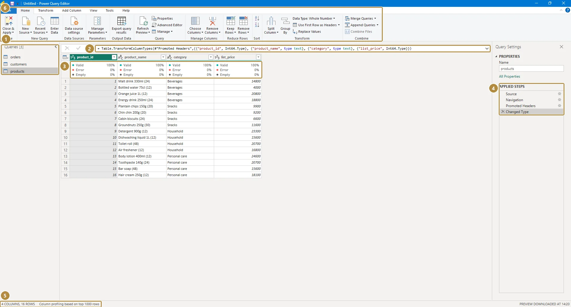 The Power Query Editor showing the Queries pane, the formula bar with M code, column quality bars, the Applied Steps list and the status bar.